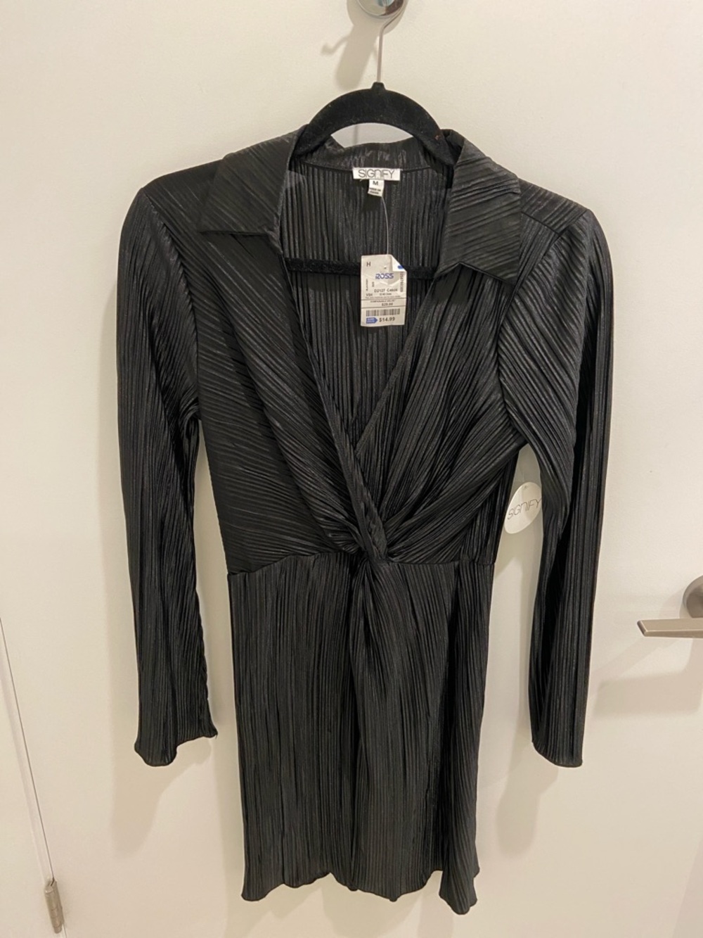Black Long-Sleeve Pleated Twist-Front Dress